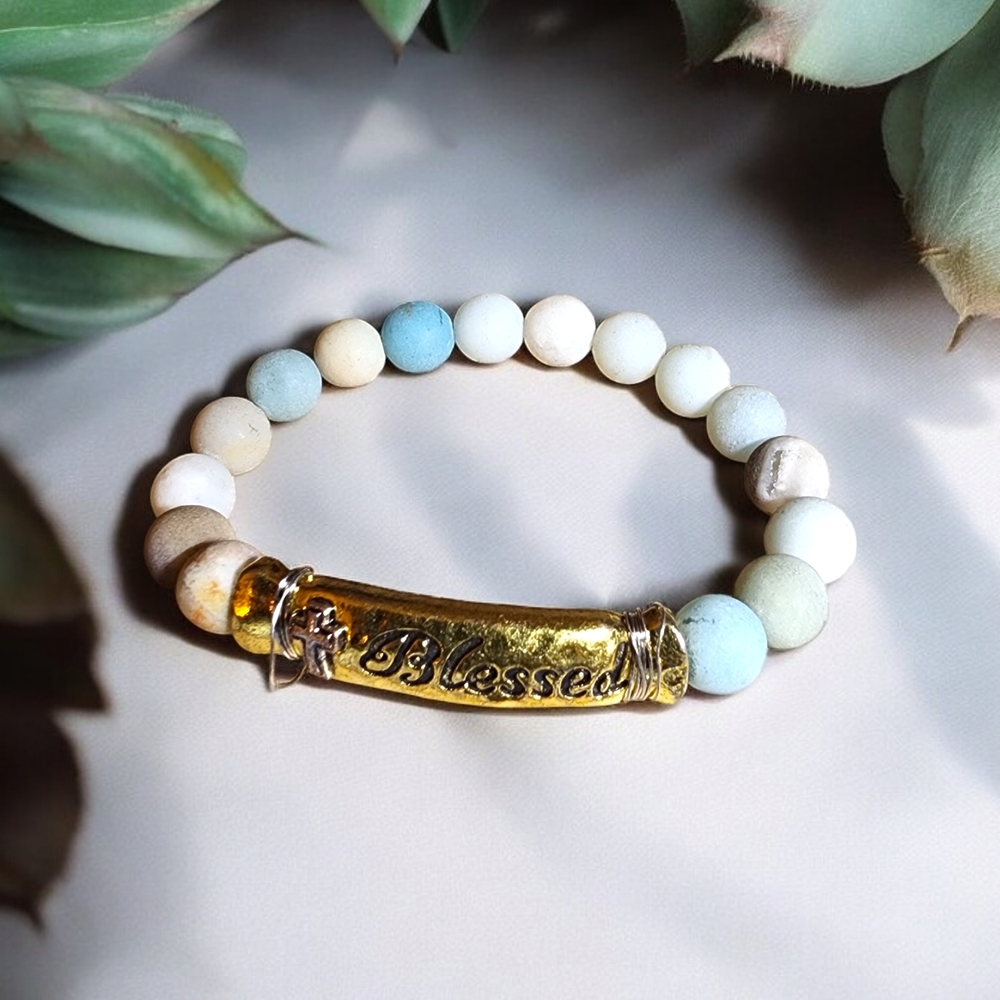 Gold and White Beaded Bracelet with 'Blessed' Charm